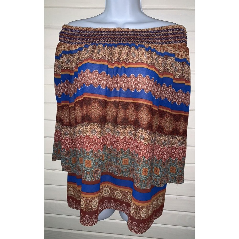 Rose + Olive Sz MEDIUM Off Shoulder Tunic Top Blue Orange Copper Red Blouse EUC